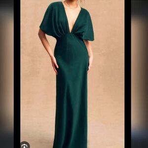 BHLDN Amelia Deep-V Flutter-Sleeve Satin A-Line Gown in Emerald Green
